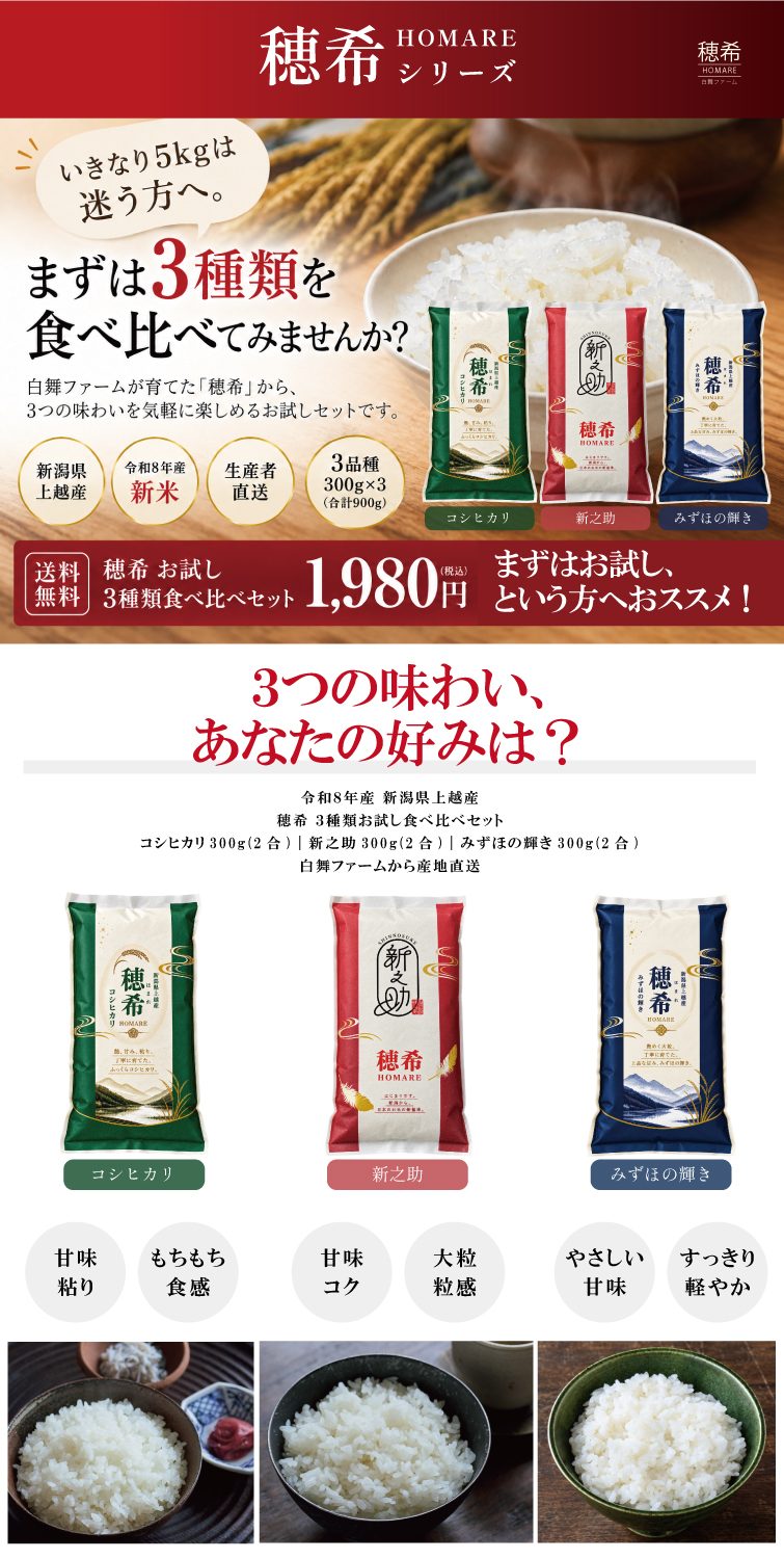 【予約】新米 お試し 3種類 2合 300g令和8年産 穂希シリーズ｜新潟県上越市産｜150年続く米農家 白舞ファーム 紹介画像1